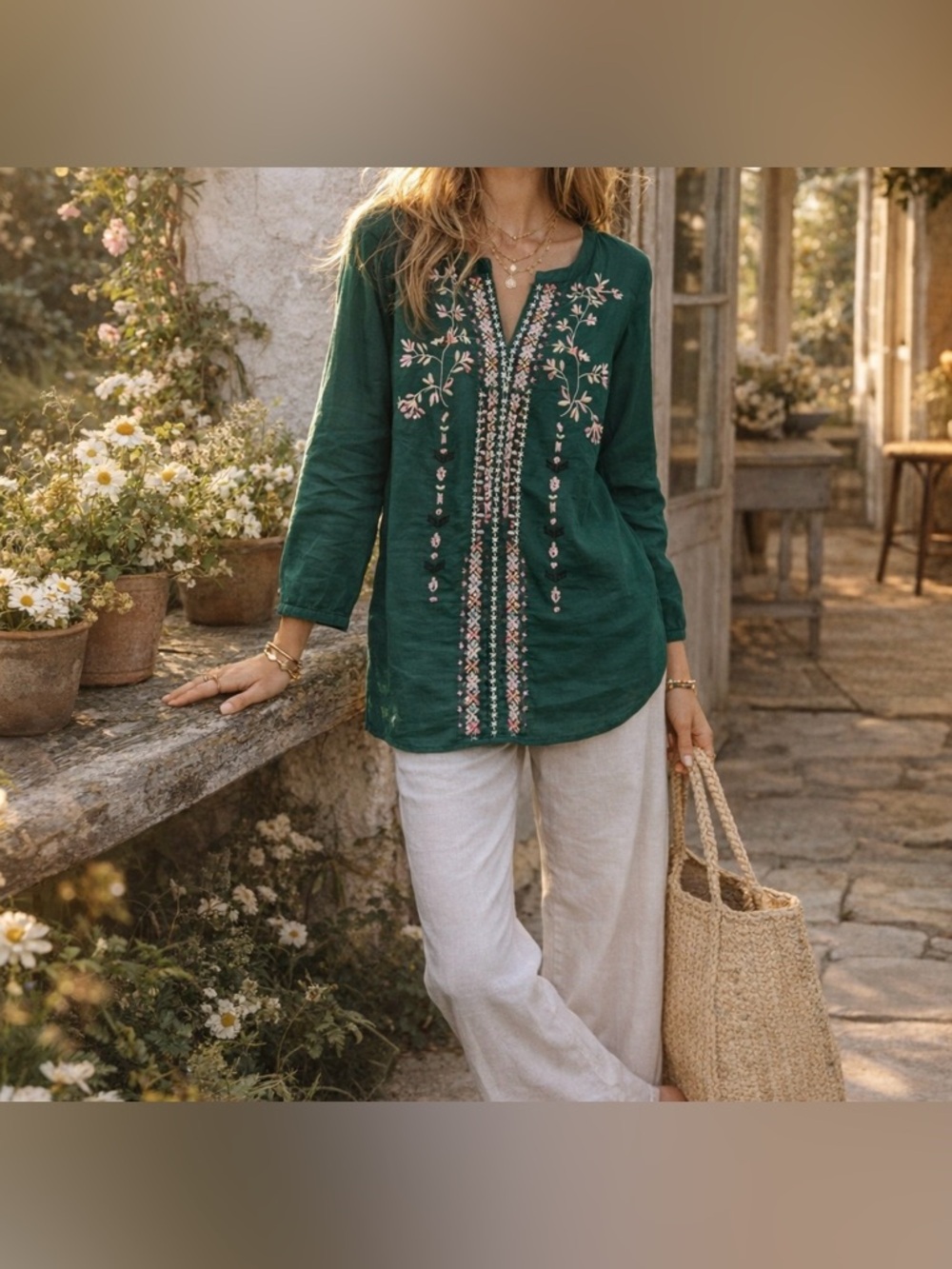 Embroidered Forest Green Women’s Tunic Top